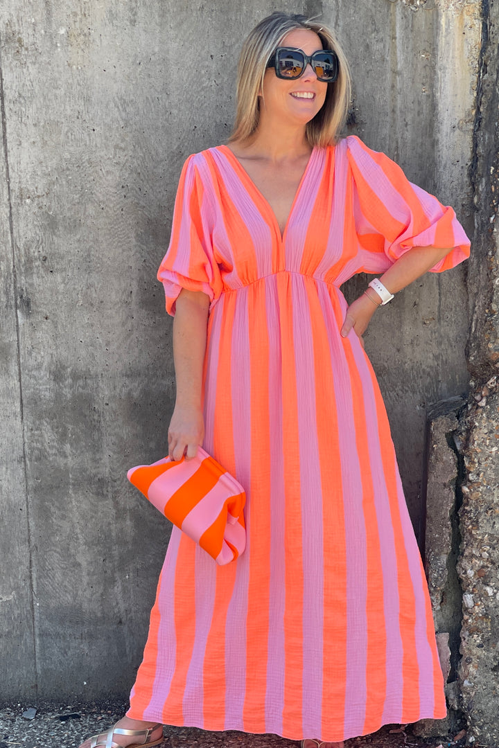 Beth Cheesecloth Cotton Dress | Pastel Pink X Fluro Orange Stripe