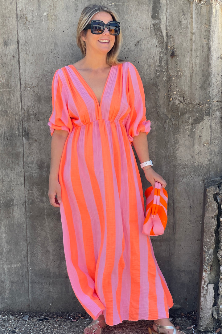 Beth Cheesecloth Cotton Dress | Pastel Pink X Fluro Orange Stripe