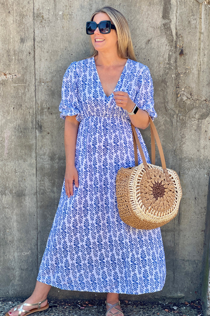 Beth Cheesecloth Cotton Dress | Blue x White Floral Print
