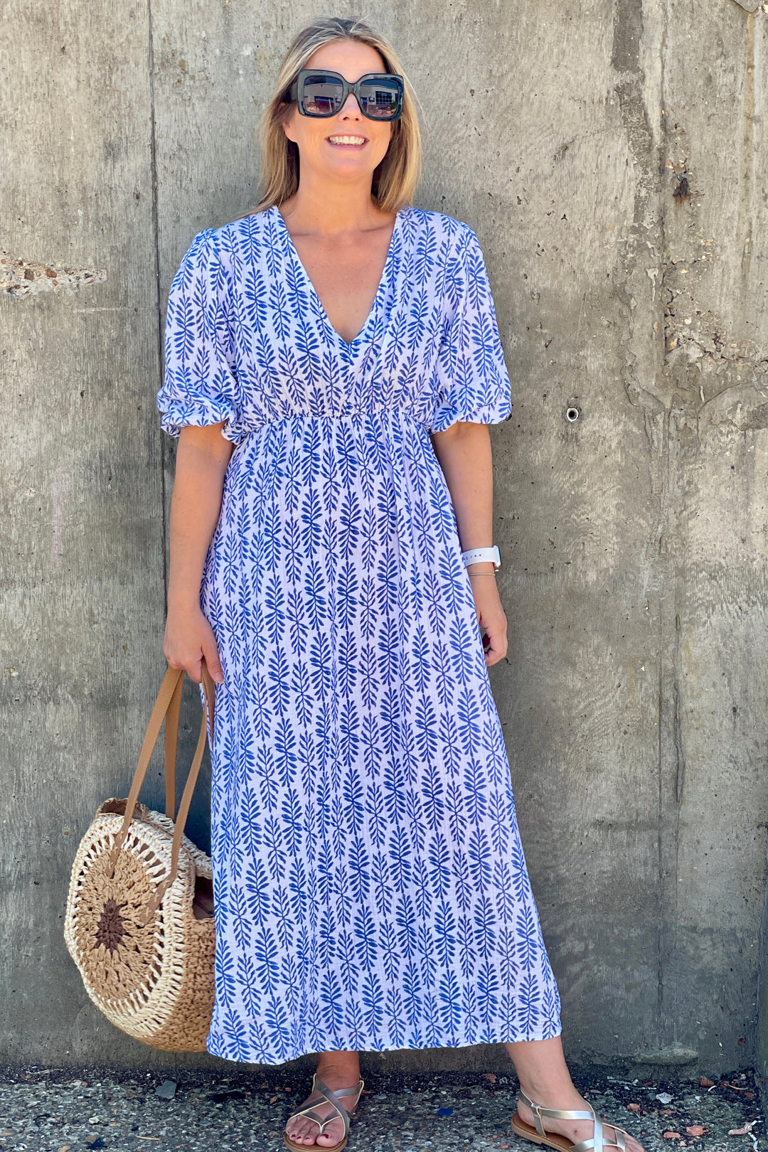 Beth Cheesecloth Cotton Dress | Blue x White Floral Print