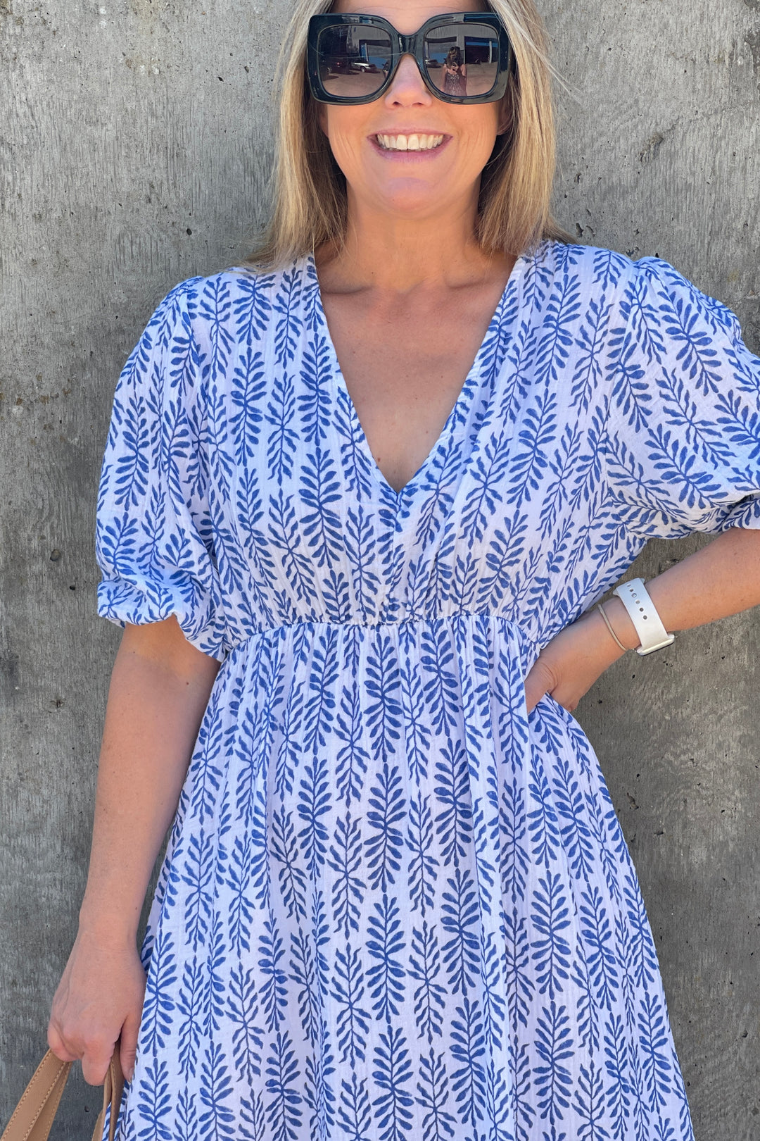 Beth Cheesecloth Cotton Dress | Blue x White Floral Print