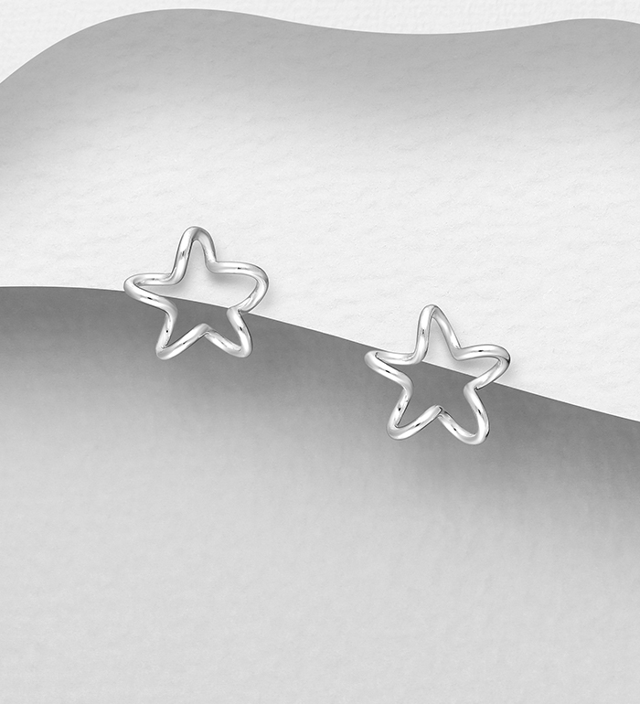 A pair of 925 sterling silver wire star stud earrings with enamel detailing, displayed against a gradient background.