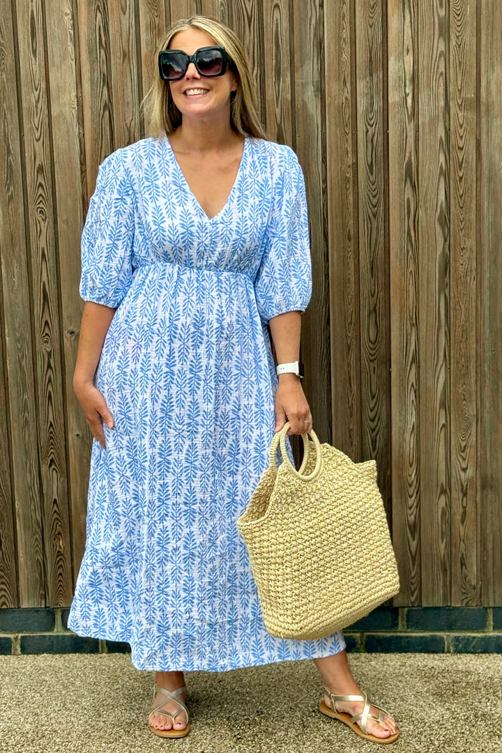 Beth Cheesecloth Cotton Dress | Sky Blue Floral Print