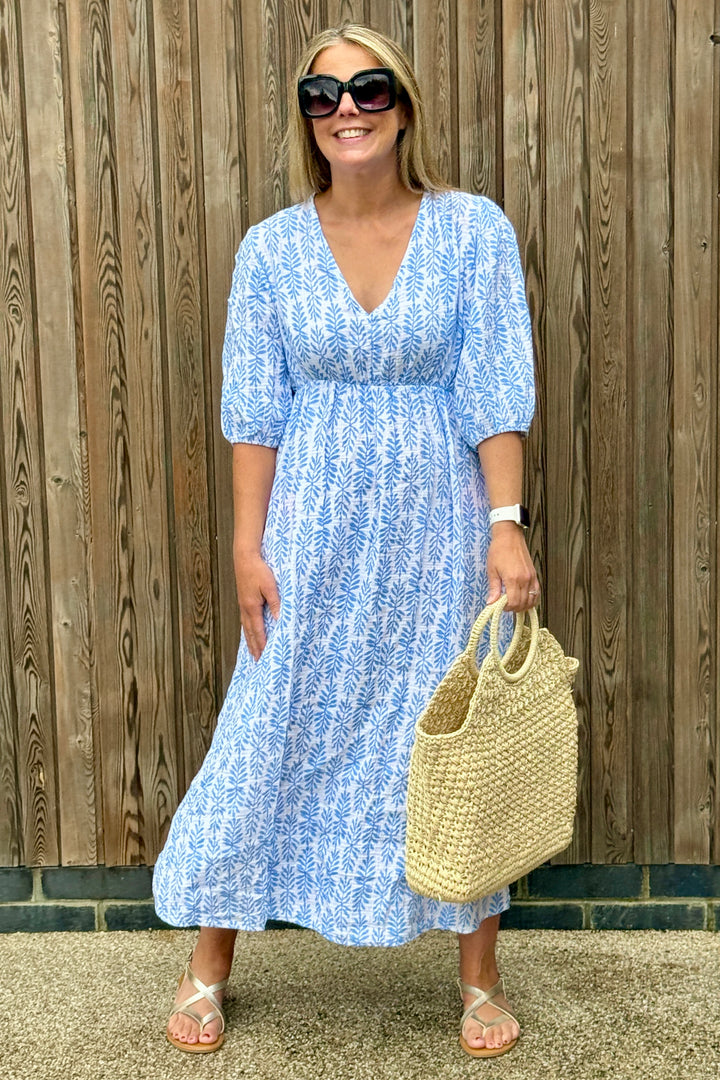 Beth Cheesecloth Cotton Dress | Sky Blue Floral Print