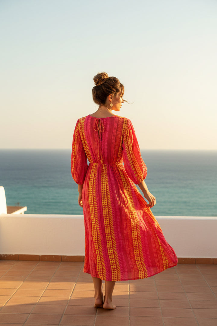 Davinia Aztec Neon Print Cheesecloth Cotton Dress (Sunset Coral)