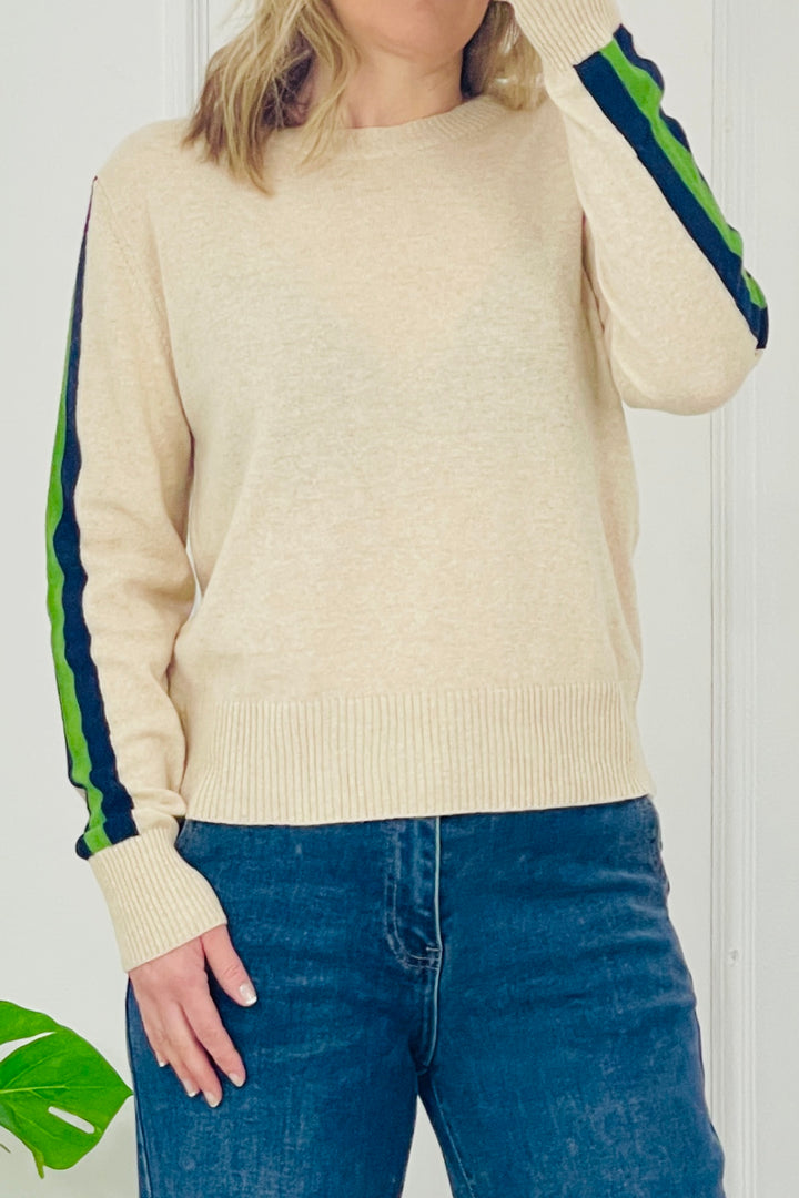 Marnie Stripe Sleeve Cashmere Blend Jumper | Beige x Navy