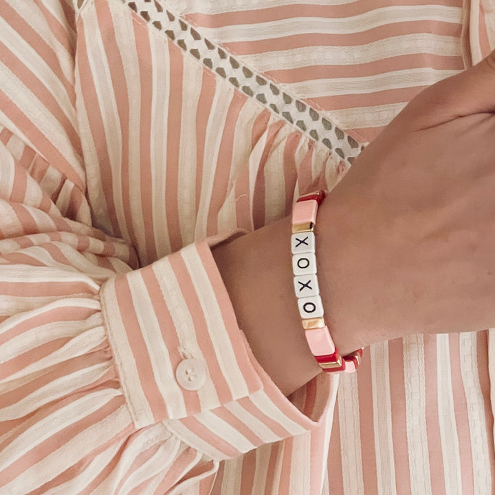 Boho XOXO Tile Enamel Bracelet | Red x Pink