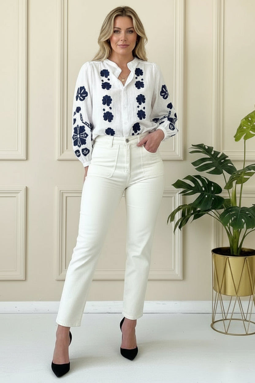 Chloe Cotton Embroidery Frill Neck Blouse