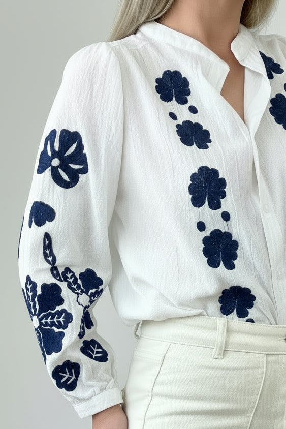 Chloe Cotton Embroidery Frill Neck Blouse