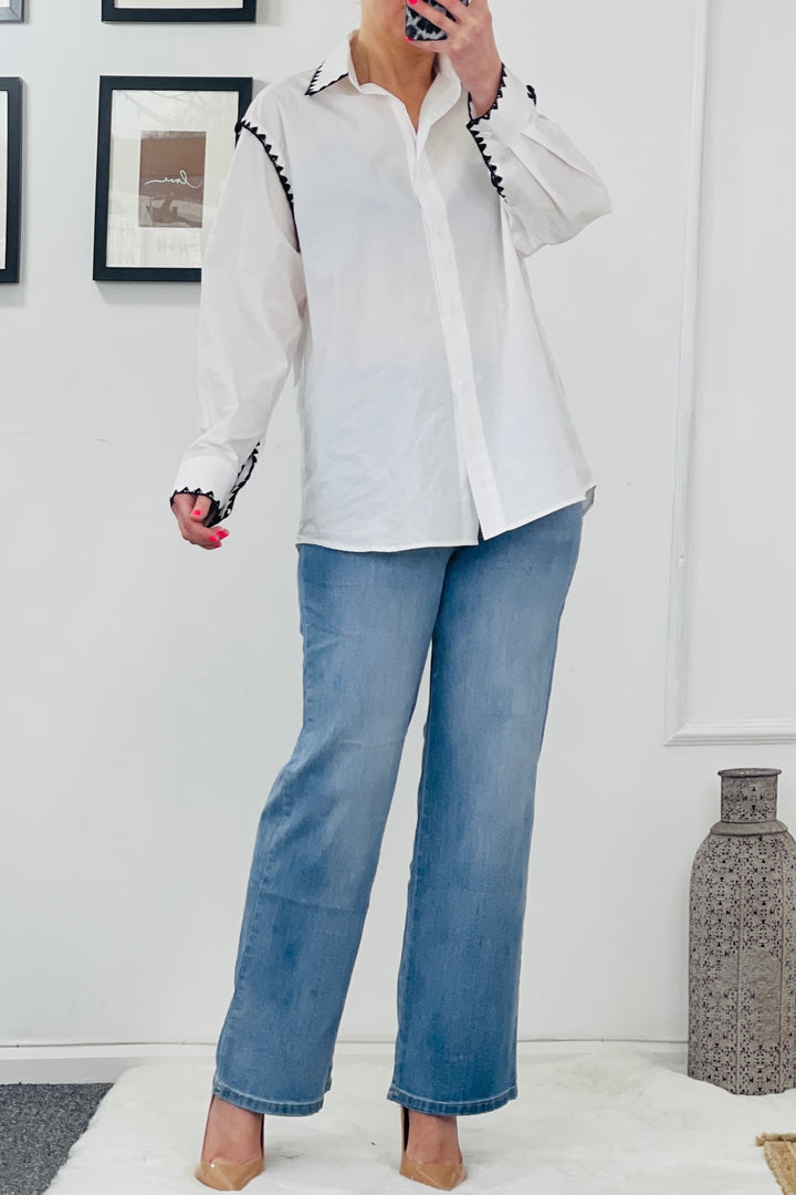 Annie Oversize Boho Blouse | White x Black Embroidered Edge