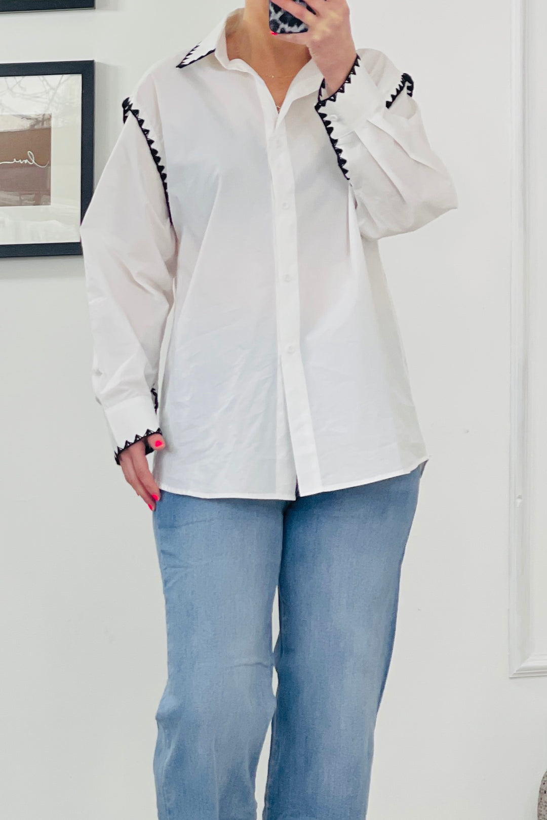 Annie Oversize Boho Blouse | White x Black Embroidered Edge