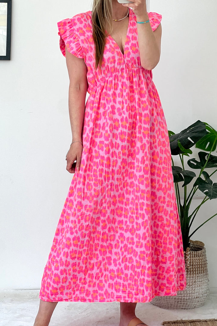** PRE ORDER ** Ashton Cotton Maxi Dress | Leo Print x Neon Orange Spot