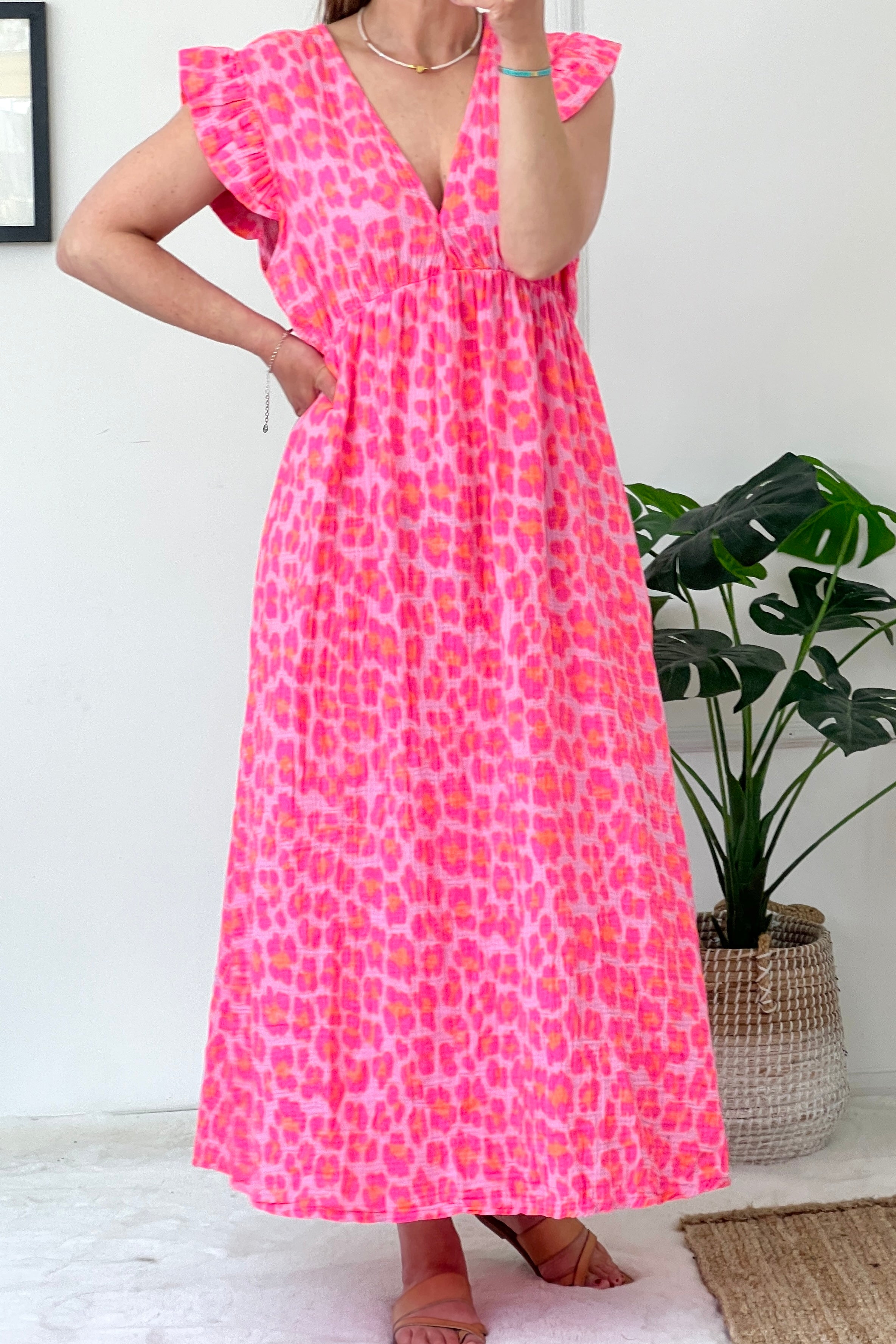 *** PRE ORDER *** Ashton Cotton Maxi Dress | Leo Print x Neon Orange Spot
