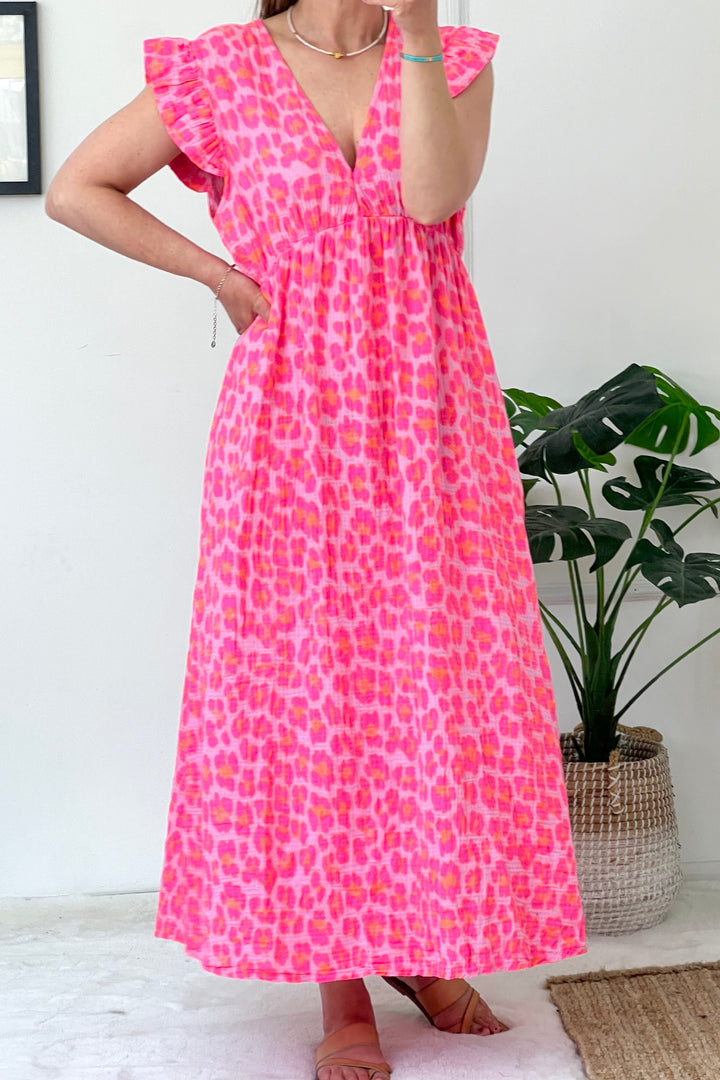** PRE ORDER ** Ashton Cotton Maxi Dress | Leo Print x Neon Orange Spot