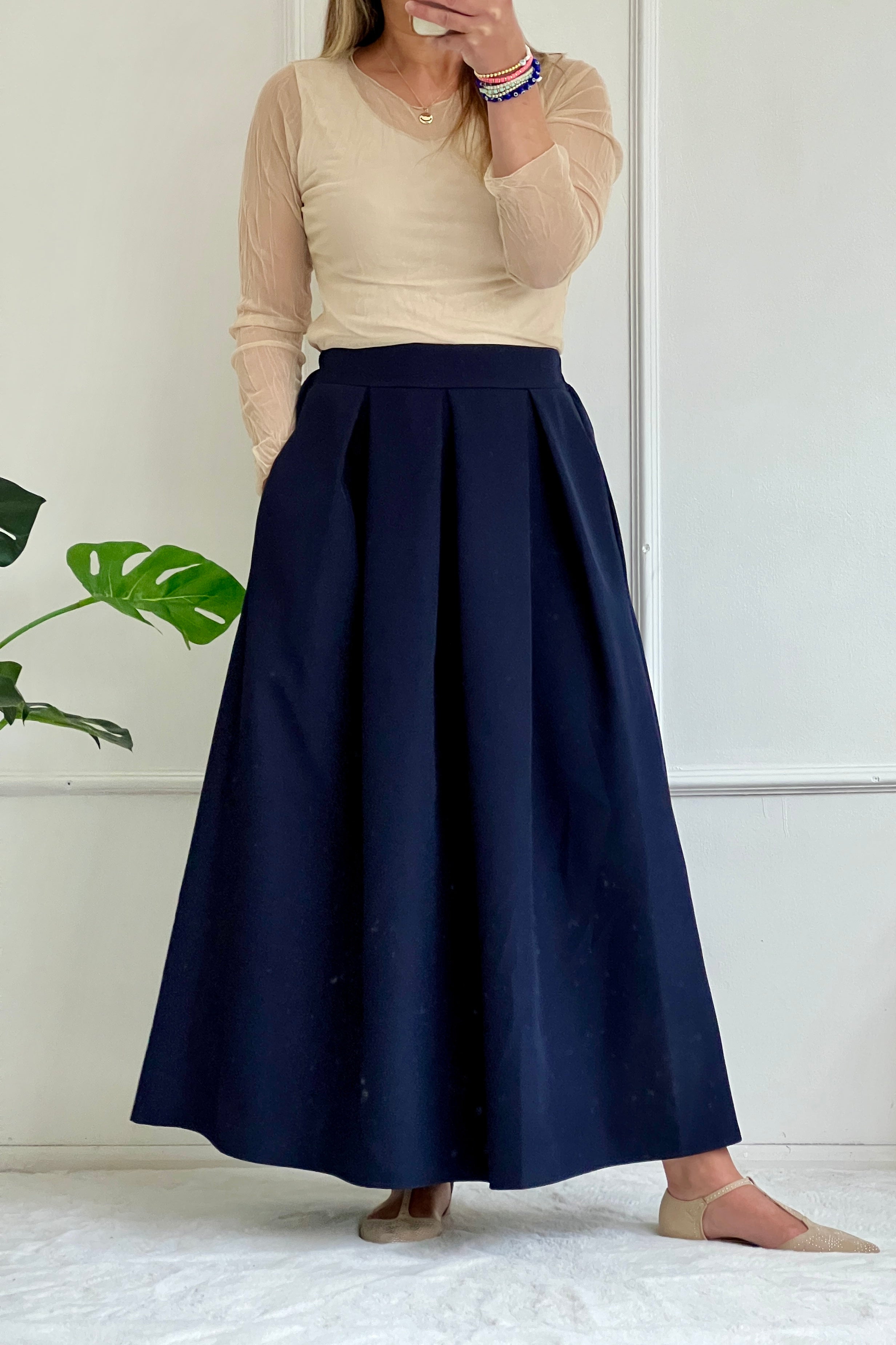 Briony Box Pleat Maxi Skirt Navy