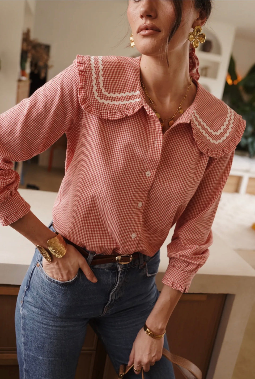 Dilly Red Gingham Ric Rac Collar Blouse