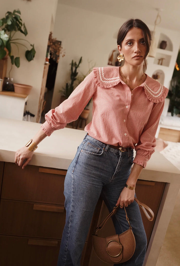 Dilly Red Gingham Ric Rac Collar Blouse
