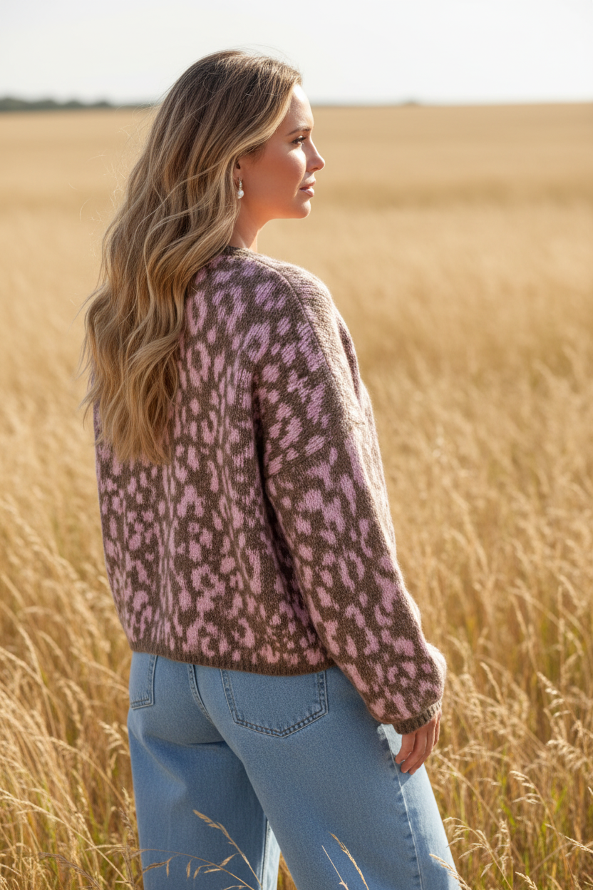 Liv Leopard Shawl Collar Cardigan (Chocolate x Pink)