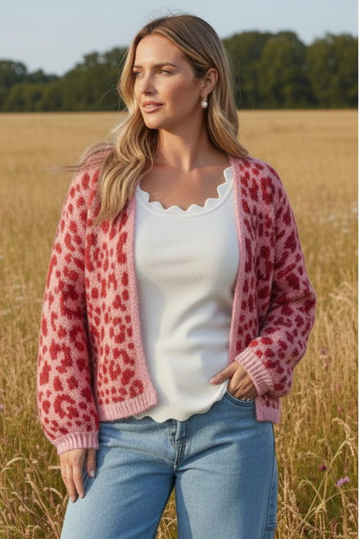 A woman stands in a sunlit grassy field wearing a pink leopard-print cardigan over a white scalloped top, light blue jeans, and brown boots.