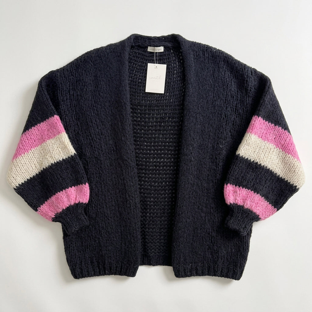 Lauren Navy Cardigan with Neon Pink Sleeve Stripes