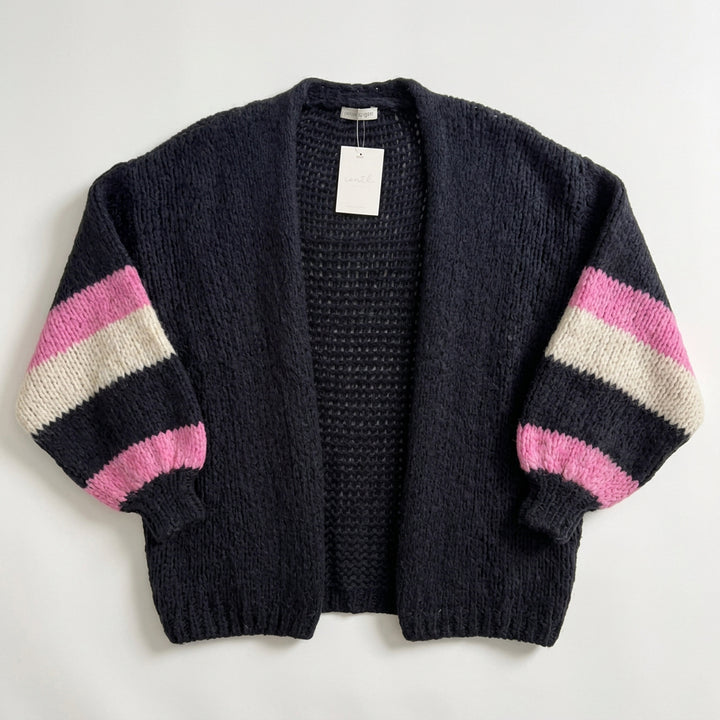 Lauren Navy Cardigan with Neon Pink Sleeve Stripes