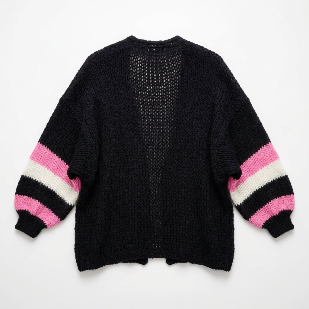 Lauren Navy Cardigan with Neon Pink Sleeve Stripes