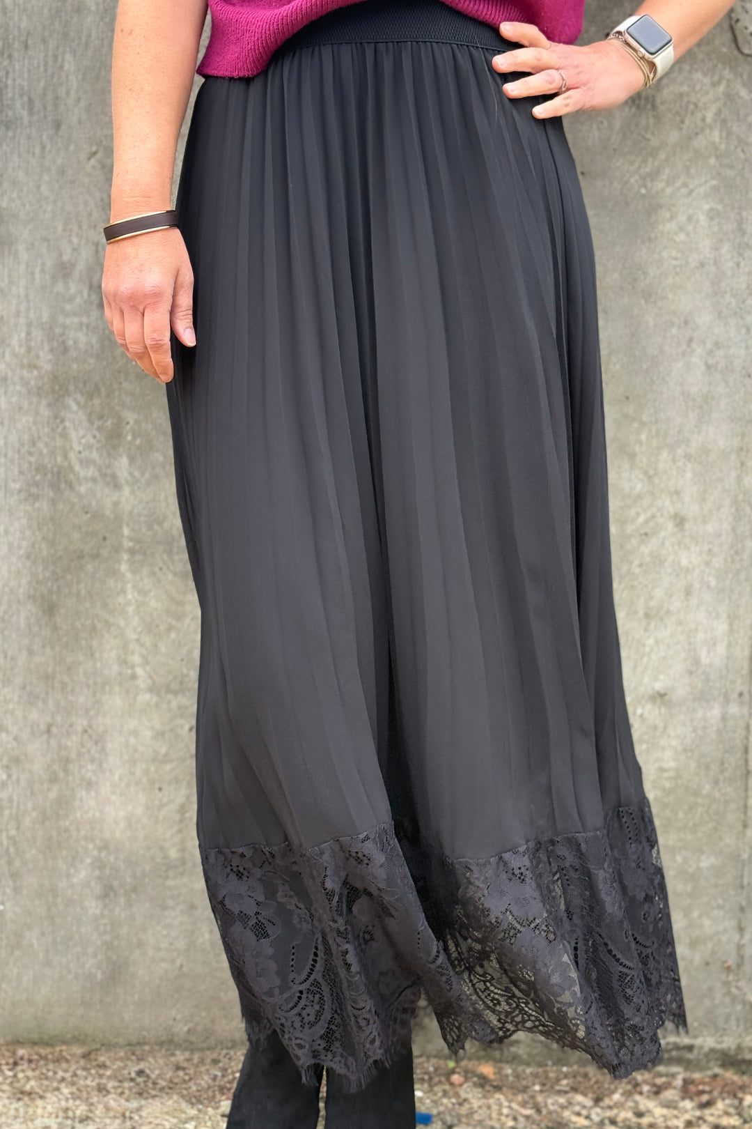 Louisa Pleated Lace Trim Maxi Skirt