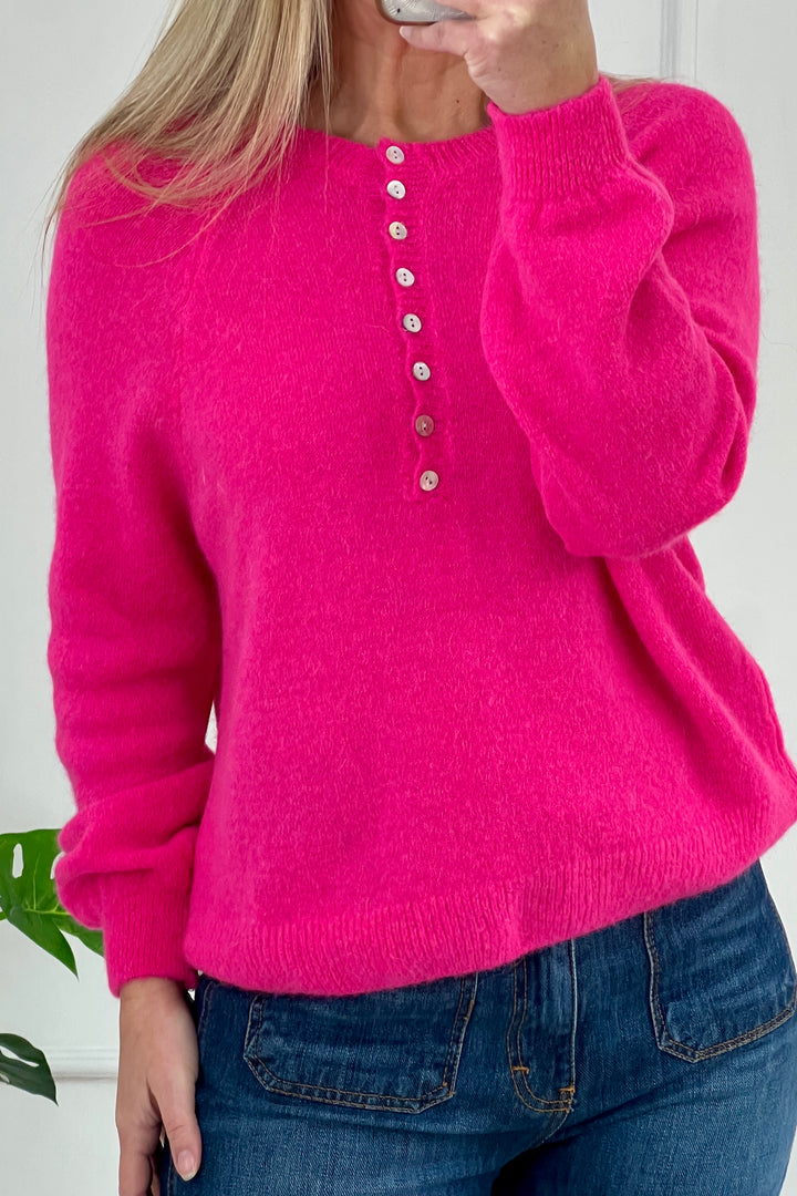 Leah Button Crew Knit Jumper | Hot Pink