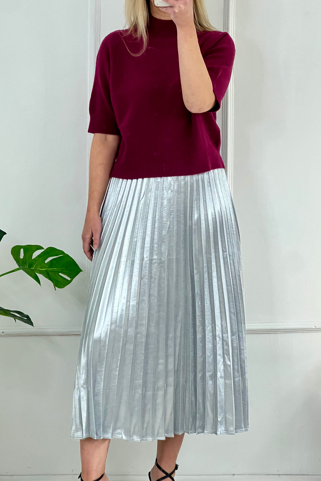 Lia Metallic Silver Pleated Skirt