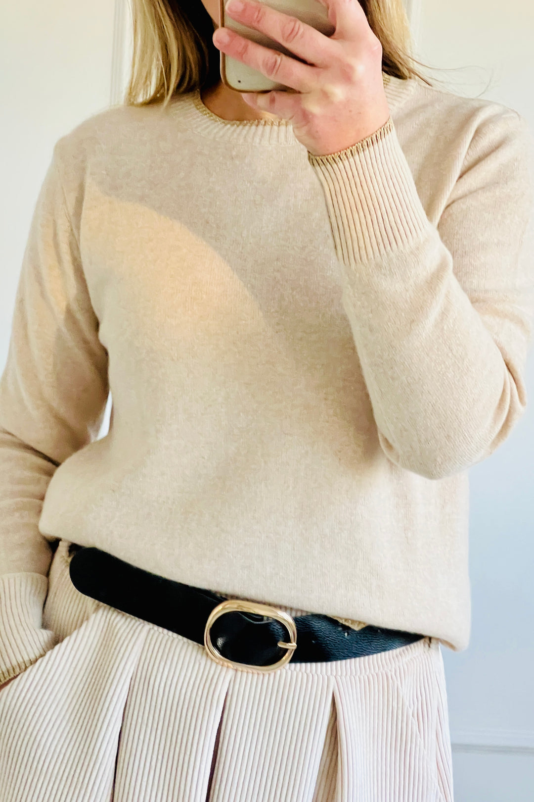 Metallic Trim Cashmere Blend Jumper | Stone x Gold