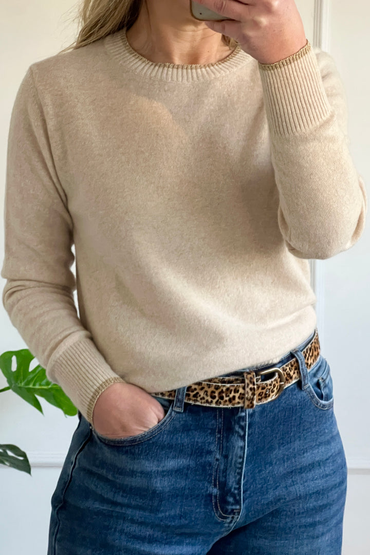 Metallic Trim Cashmere Blend Jumper | Stone x Gold