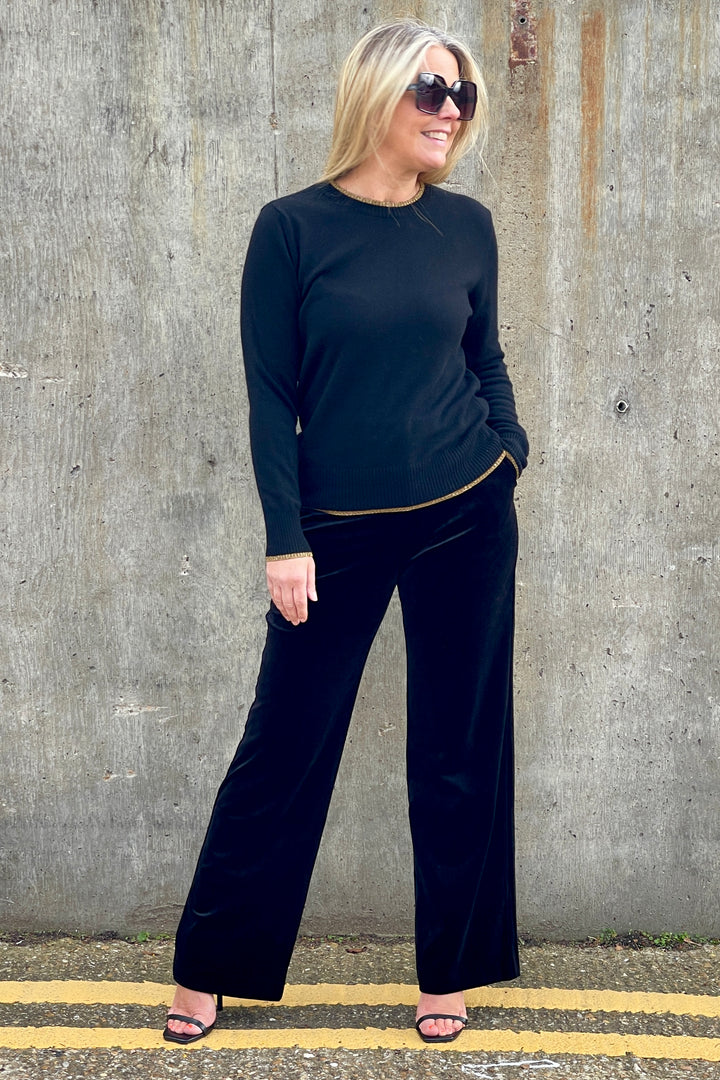 Metallic Trim Cashmere Blend Jumper | Black x Gold