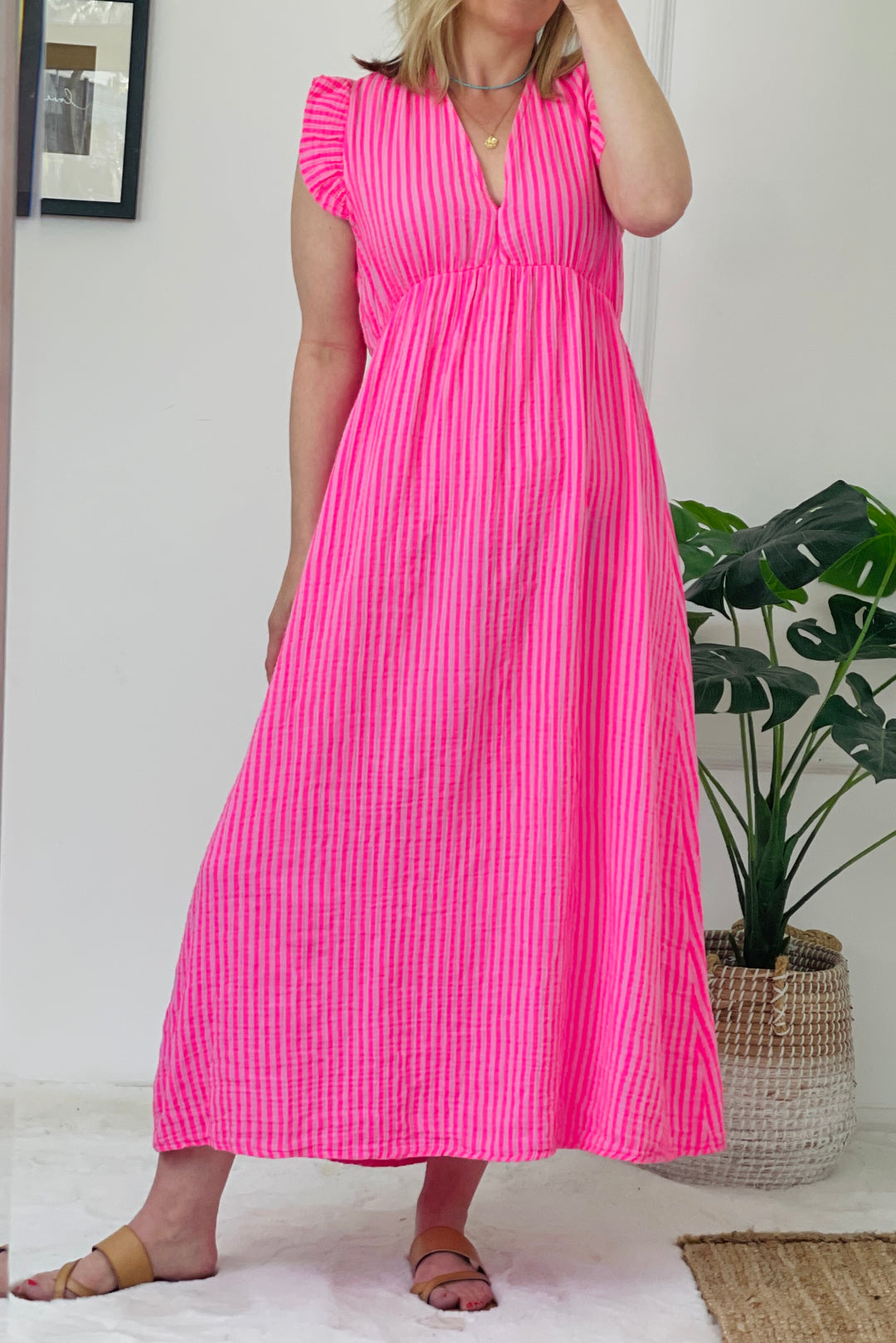 Ashton Cotton Maxi Dress | Neon Pink Stripe