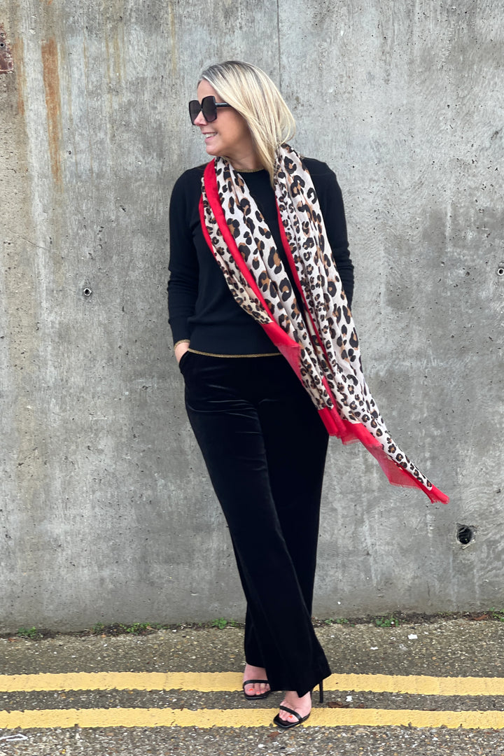 Leo Print Bright Border Scarf | Red