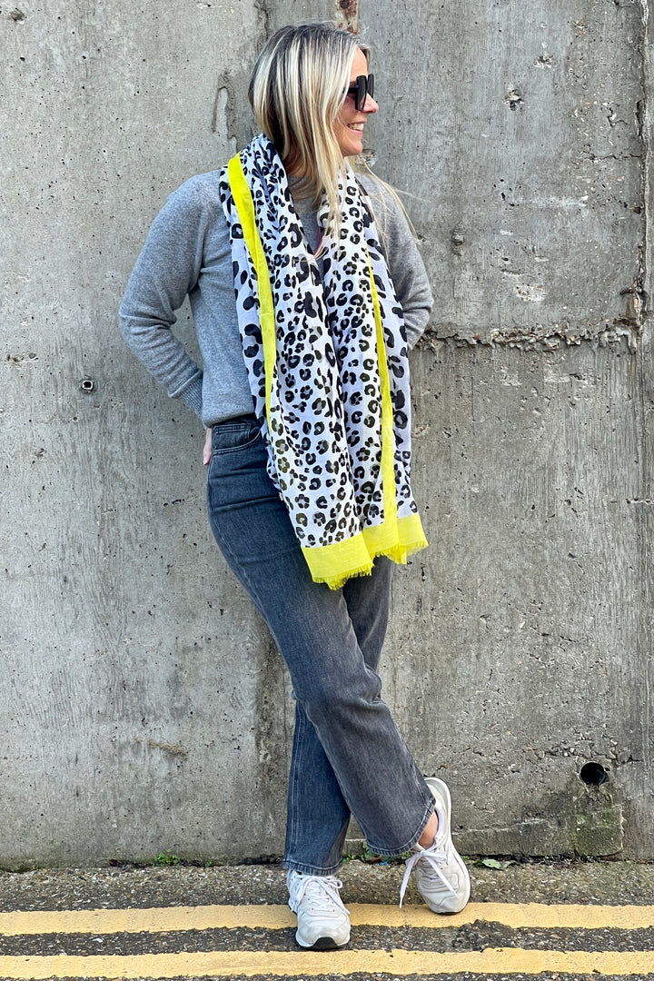 Leo Print Bright Border Scarf | Yellow