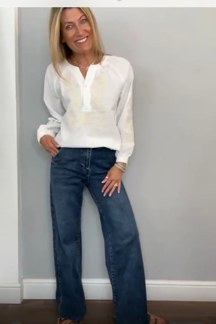 Pisa Cotton Embroidered V Neck Blouse