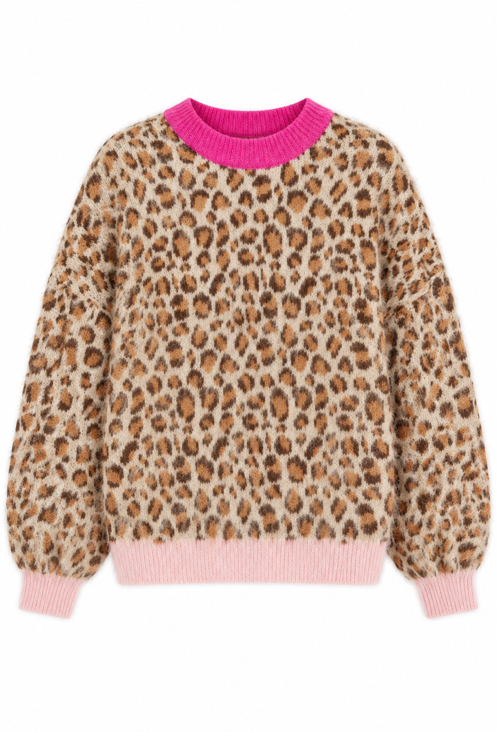 Nicole Leo Jumper | Leopard Print Knit with Pink Cuffs