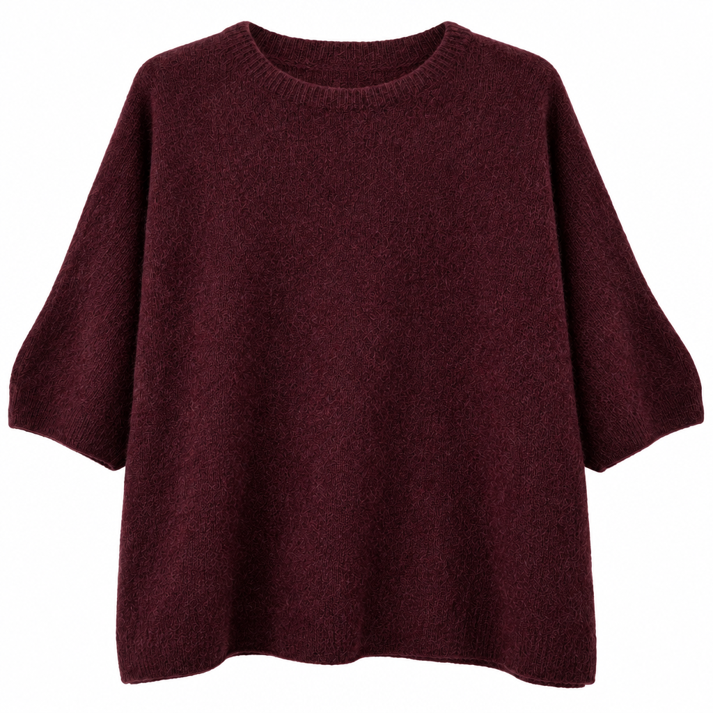 A dark burgundy knit sweater with a crew neck and elbow-length sleeves, shown against a plain white background.