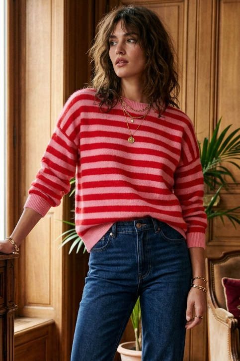 A woman wearing a red and pink striped knit sweater with blue jeans, standing in a warm wood-paneled room.