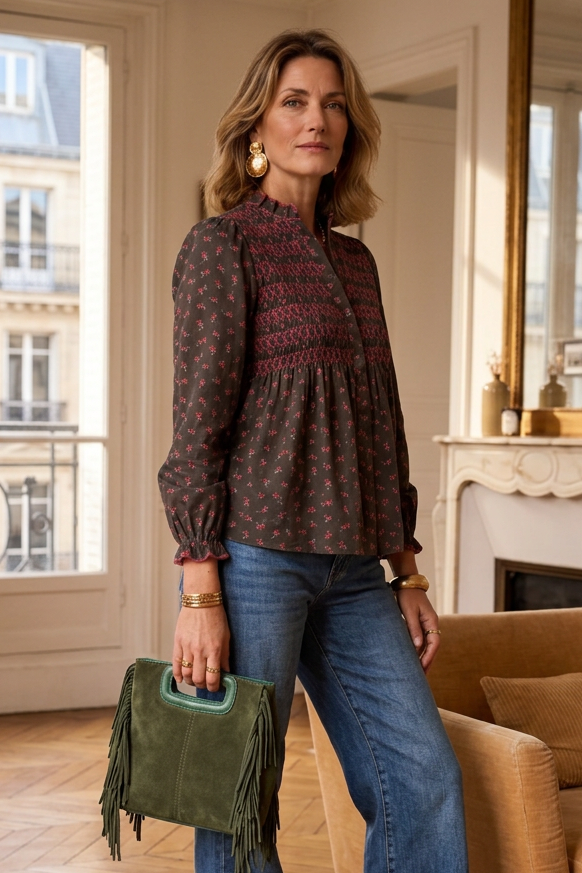 A woman sits on a tan sofa wearing a smocked long-sleeve blouse with a brown and burgundy pattern, paired with blue jeans and gold jewelry, holding an olive green handbag.