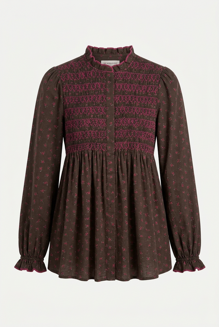 Etta Chocolate Ditsy Print Blouse with Ric-Rac Detail
