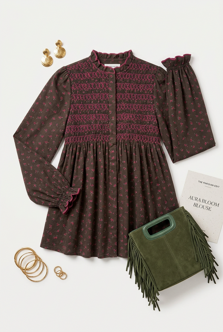 Etta Chocolate Ditsy Print Blouse with Ric-Rac Detail