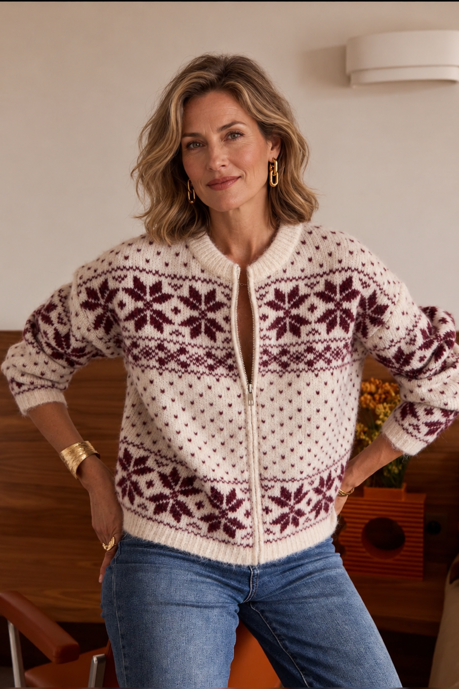 A woman wearing a cream knit zip-up sweater with burgundy Nordic snowflake patterns and blue jeans, posing in a warm indoor setting.