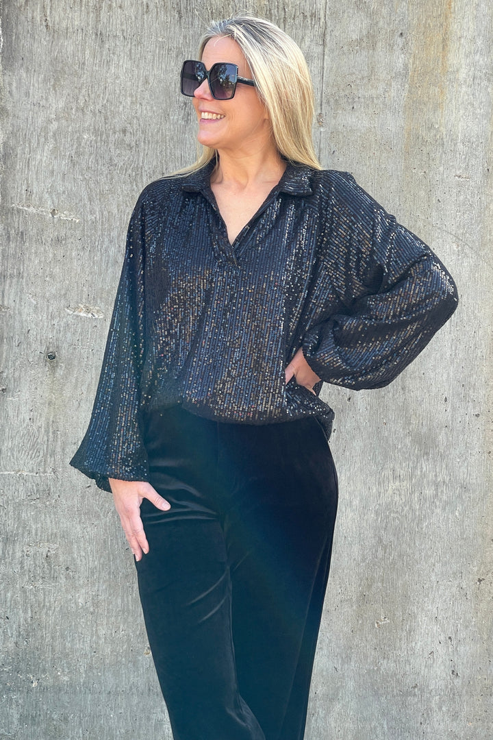 Donna Sequin Top Blouse | Black