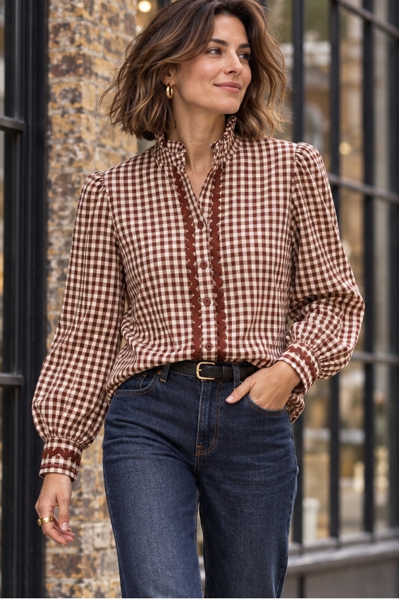 A woman walking on a city sidewalk wearing a brown and beige gingham long-sleeve button-up shirt, dark blue jeans, and white sneakers.