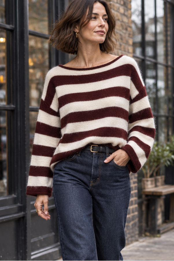 A woman walking on a city sidewalk wearing a cream and dark brown striped knit sweater, dark blue jeans, and white sneakers.