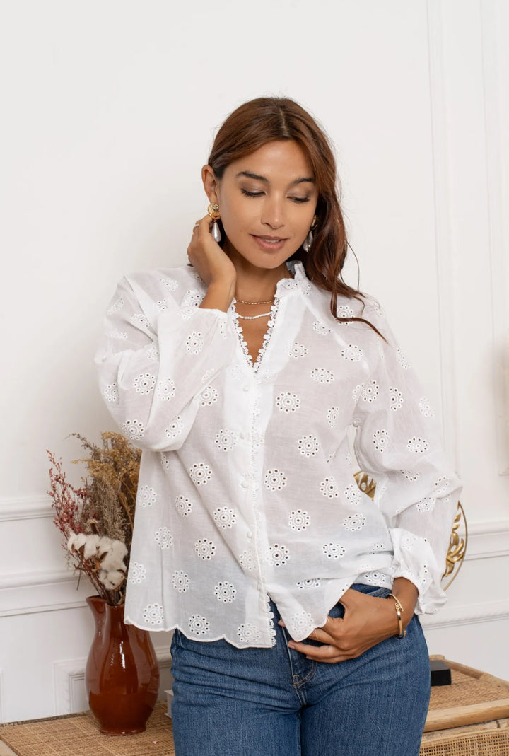 Louise Cotton Broderie V Neck Blouse