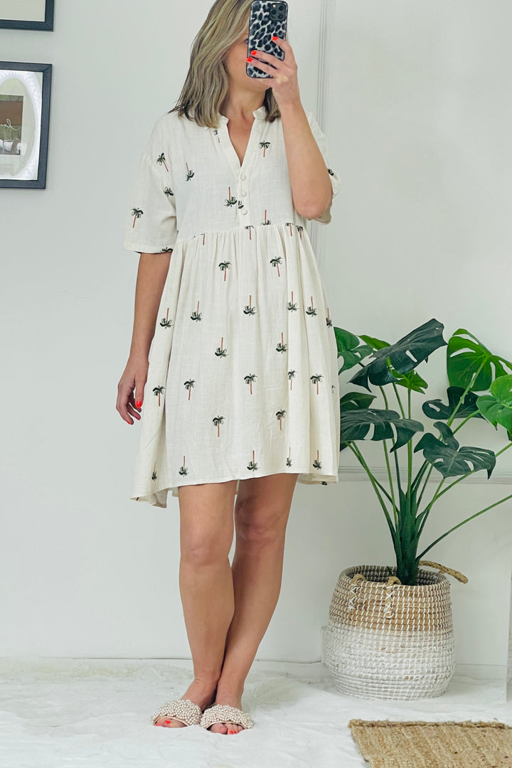 Embroidered Palms Linen Blend Dress