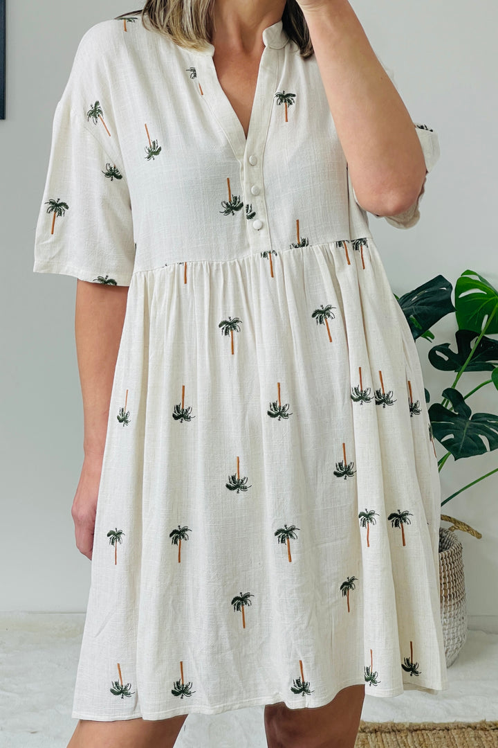 Embroidered Palms Linen Blend Dress
