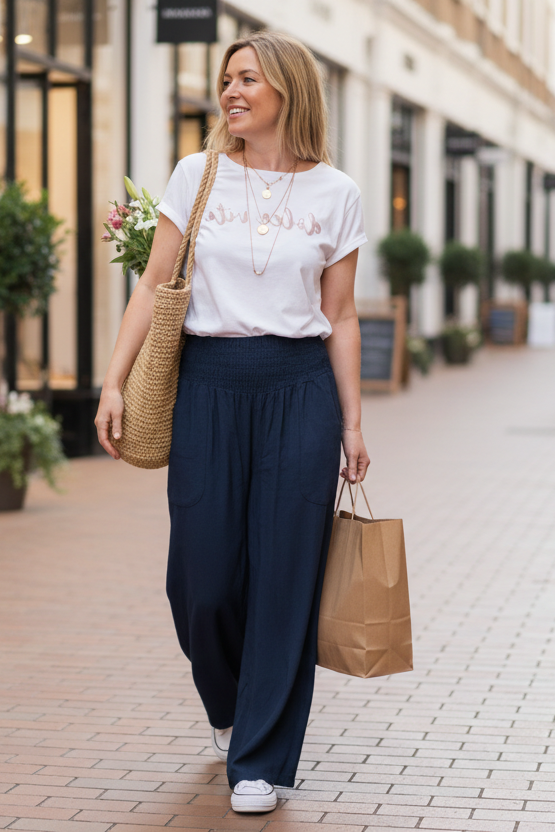 Person wearing a white t-shirt with text and navy wide-leg pants against a white wall.